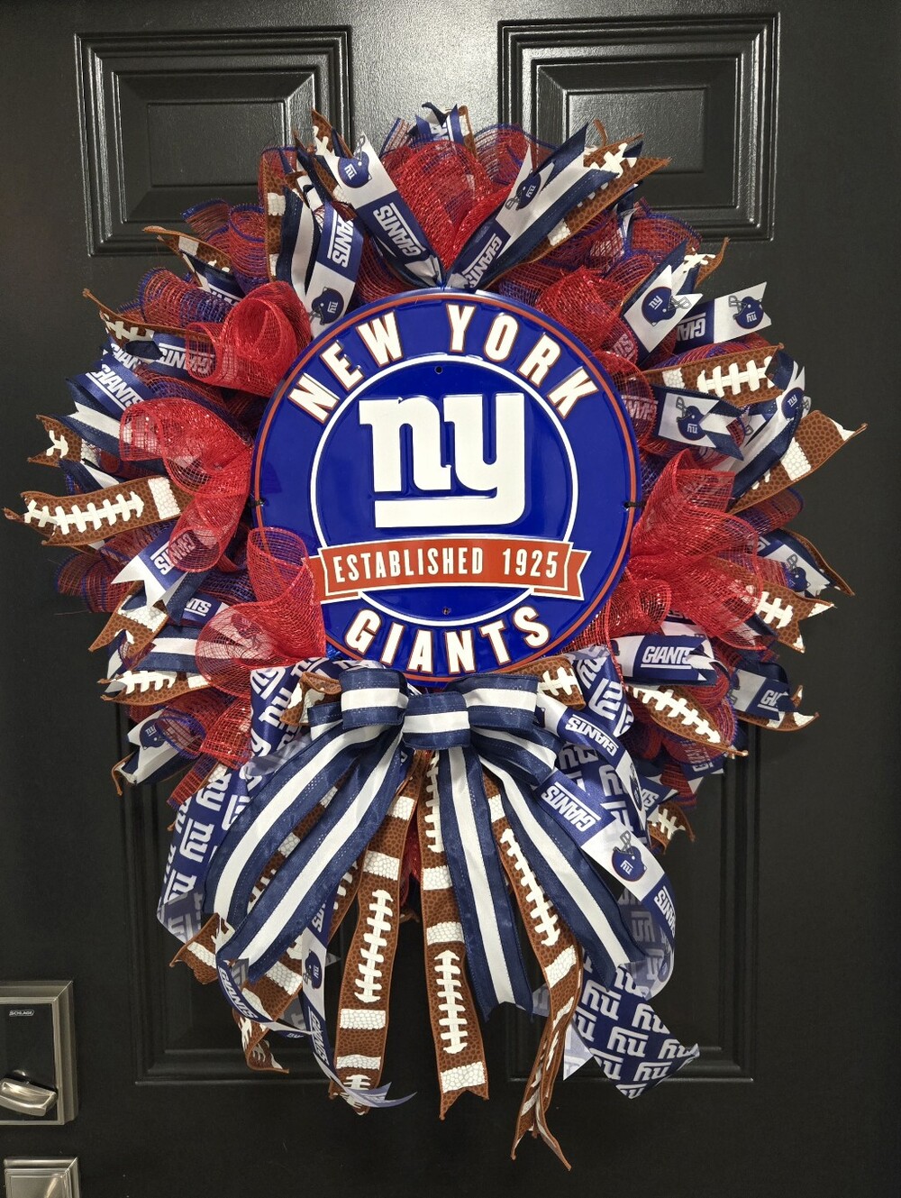 Large NFL New York Giants Football Wreath - Licensed Ribbons And Sign